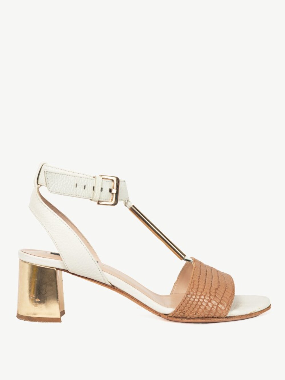 Escada SS14 White & Brown Snakeskin-Embossed T-Strap Mirror-Heel Sandals